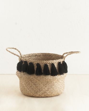 woven seagrass belly basket with black tassels
